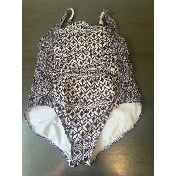 Tahiti Other - Tahiti Womens 1X 16W One Piece Swimsuit Ruched Geometric Tribal Navy White